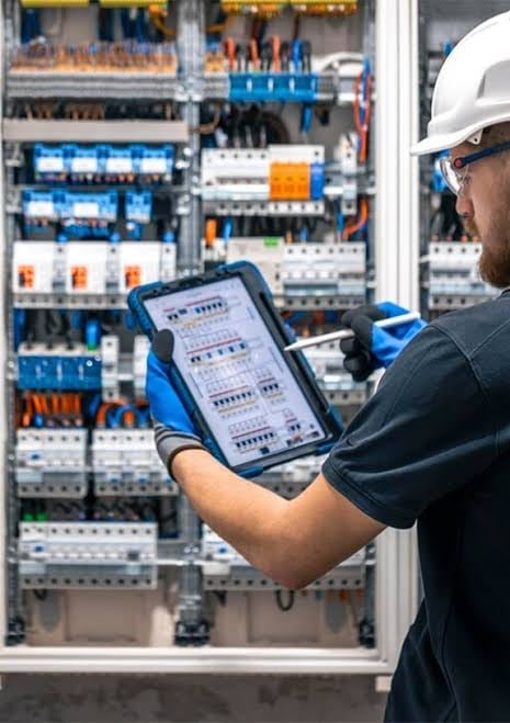 Electrician in hard hat and gloves inspecting an electrical panel with tablet, checking wiring and circuit breakers